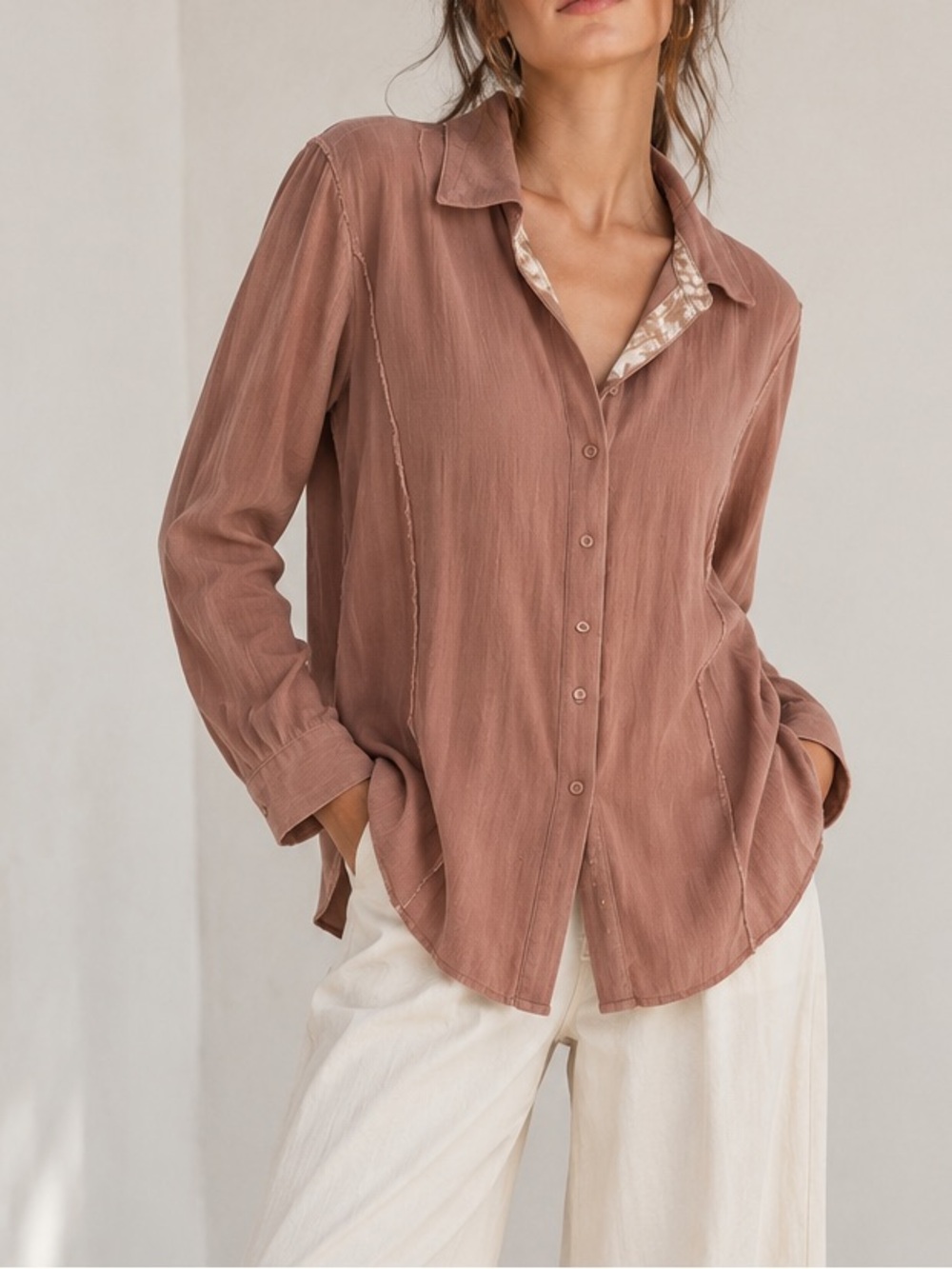 Thread and Hem Woven Button Down Long-Sleeve Top Dusty Rose Linen Oversized NWT
